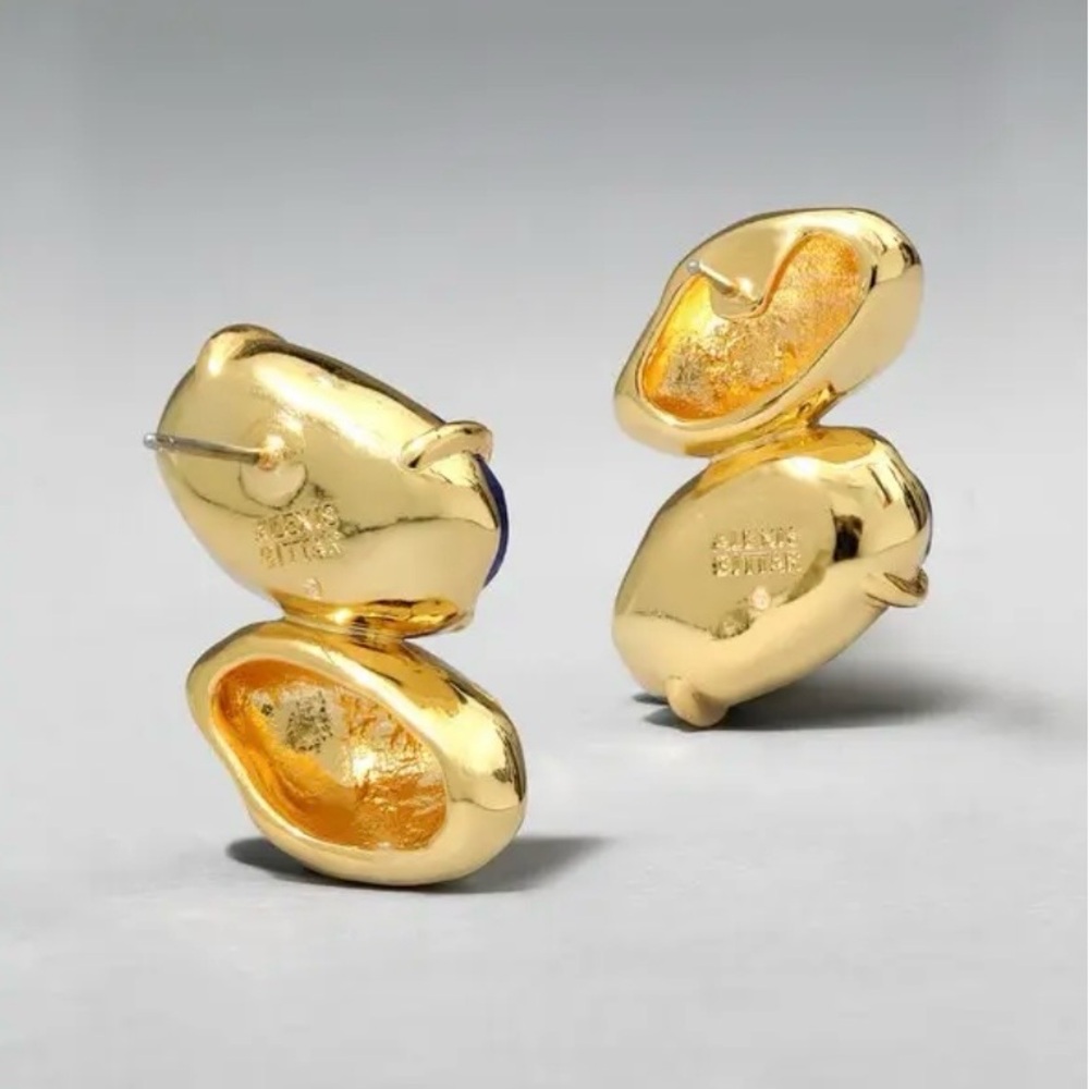 ALEXIS BITTAR Brut Blue Moss Agate Mismatch Earrings in Gold; Signed - NEW - Picture 5 of 7